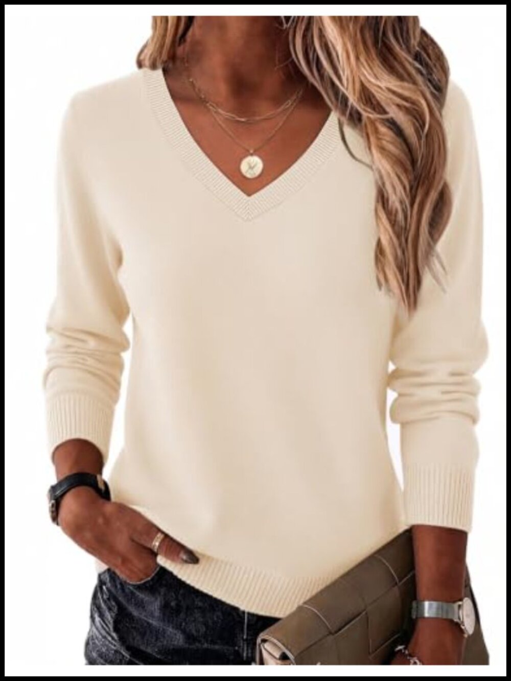 Women's Long Sleeve V Neck Pullover Sweater Soft Ribbed Knit Dressy Casual Fall